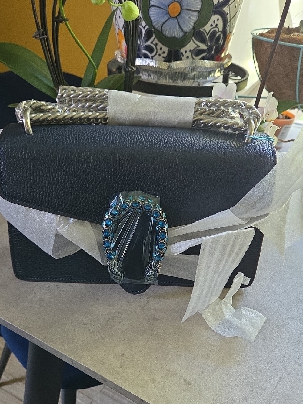 Navy Leather Crossbody Bag with Blue Gem Clasp
